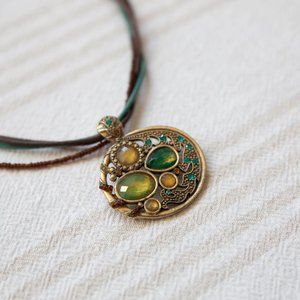 Blue Green Yellow Gemstone Bronze Beaded Necklace